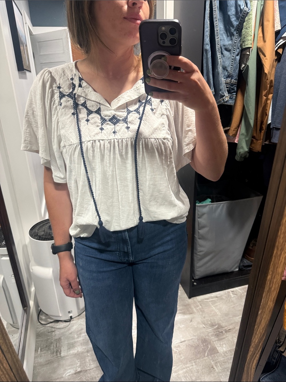 Knox Rose White Peasant Top with Navy Embroidery and Tassels